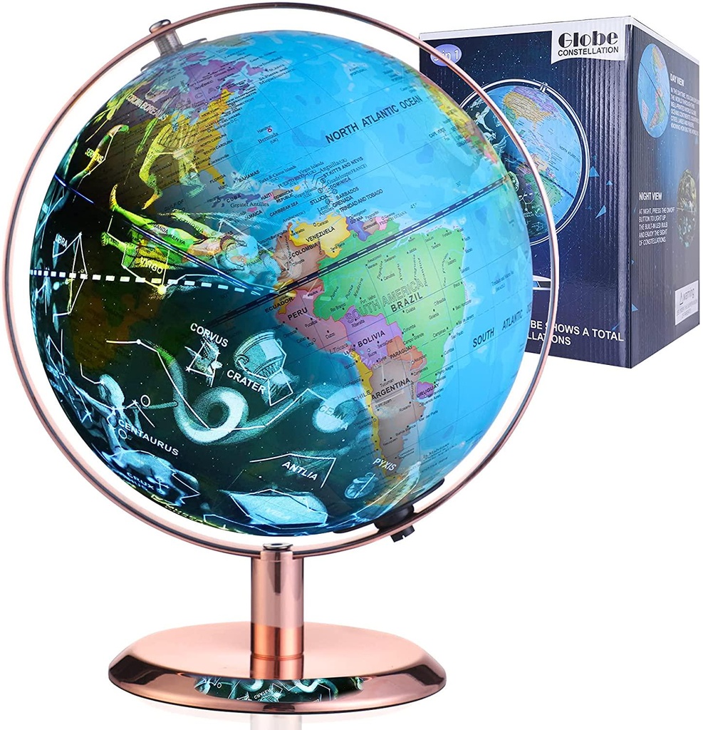Globe for Kids Learning 8 Inchs 360°Rotation Illuminated Led Light Desktop Geographic Constellation Interactive Educational Discovery World Map Globe with Stand for Home School Child Adults Gifts (gold)