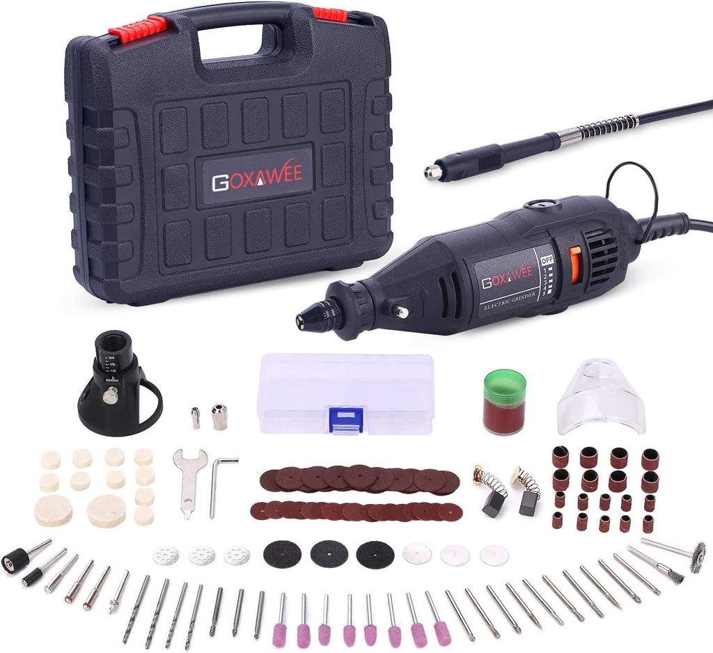 Rotary Tool Kit, GOXAWEE 130W Multi-Functional Mini Grinder Set with 140 Accessories (Keyless Chuck and Flex Shaft) Varible Speed Multi Tool for Craft Projects and DIY Creations