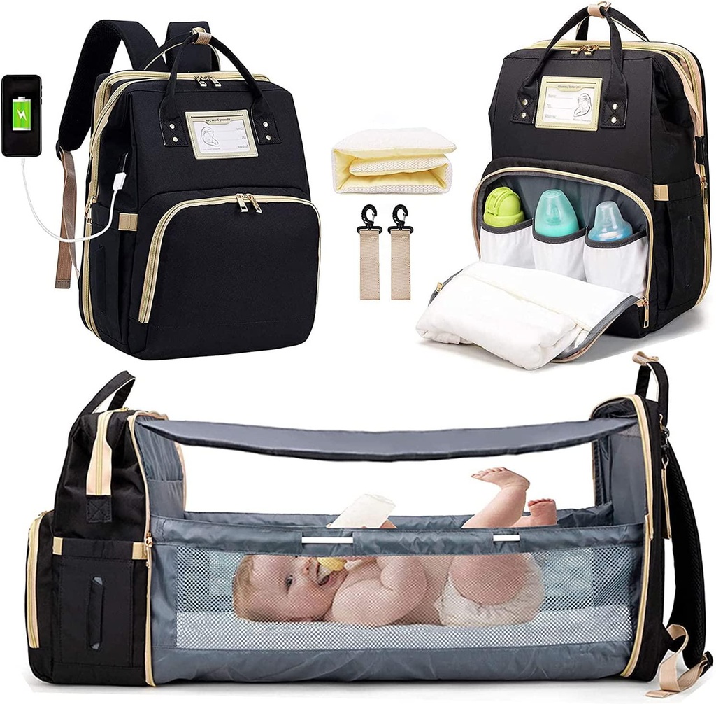 Diaper Bag Backpack with Changing Station, 3 in 1 Multifunction Waterproof Large Capacity Baby Bag, Travel Foldable Baby Bed for Baby Girl Boy, Portable Crib with USB Charging Port