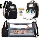 Diaper Bag Backpack with Changing Station, 3 in 1 Multifunction Waterproof Large Capacity Baby Bag, Travel Foldable Baby Bed for Baby Girl Boy, Portable Crib with USB Charging Port