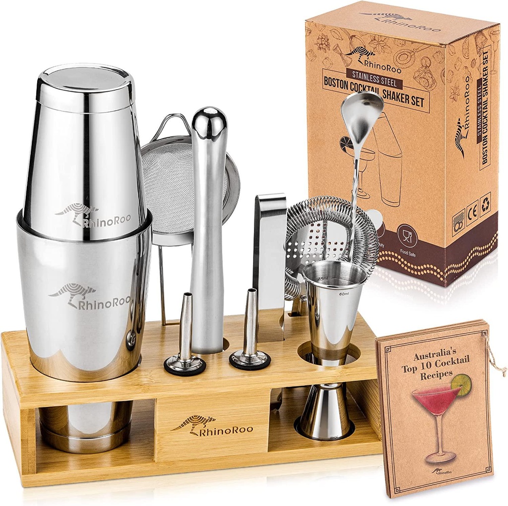 RhinoRoo Cocktail Shaker Set Stainless Steel - Premium Boston Cocktail Set - Bartender Kit with Bamboo Display Stand and Australian Recipe Cards - The Only Bar Set You Need For Fun Cocktails at Home