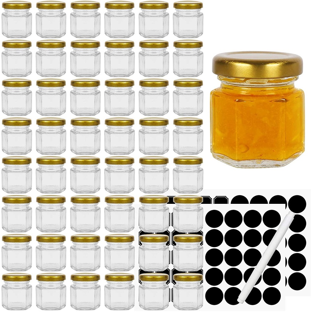 Hexagon Glass Jars with Gold Lids, 48pcs 1.5oz Canning Jars for Jam Honey Jelly Candy Candle Wedding Favors Baby Shower Favors Spice Jars Crafts with 60 chalkboard stickers and one pen for labeling
