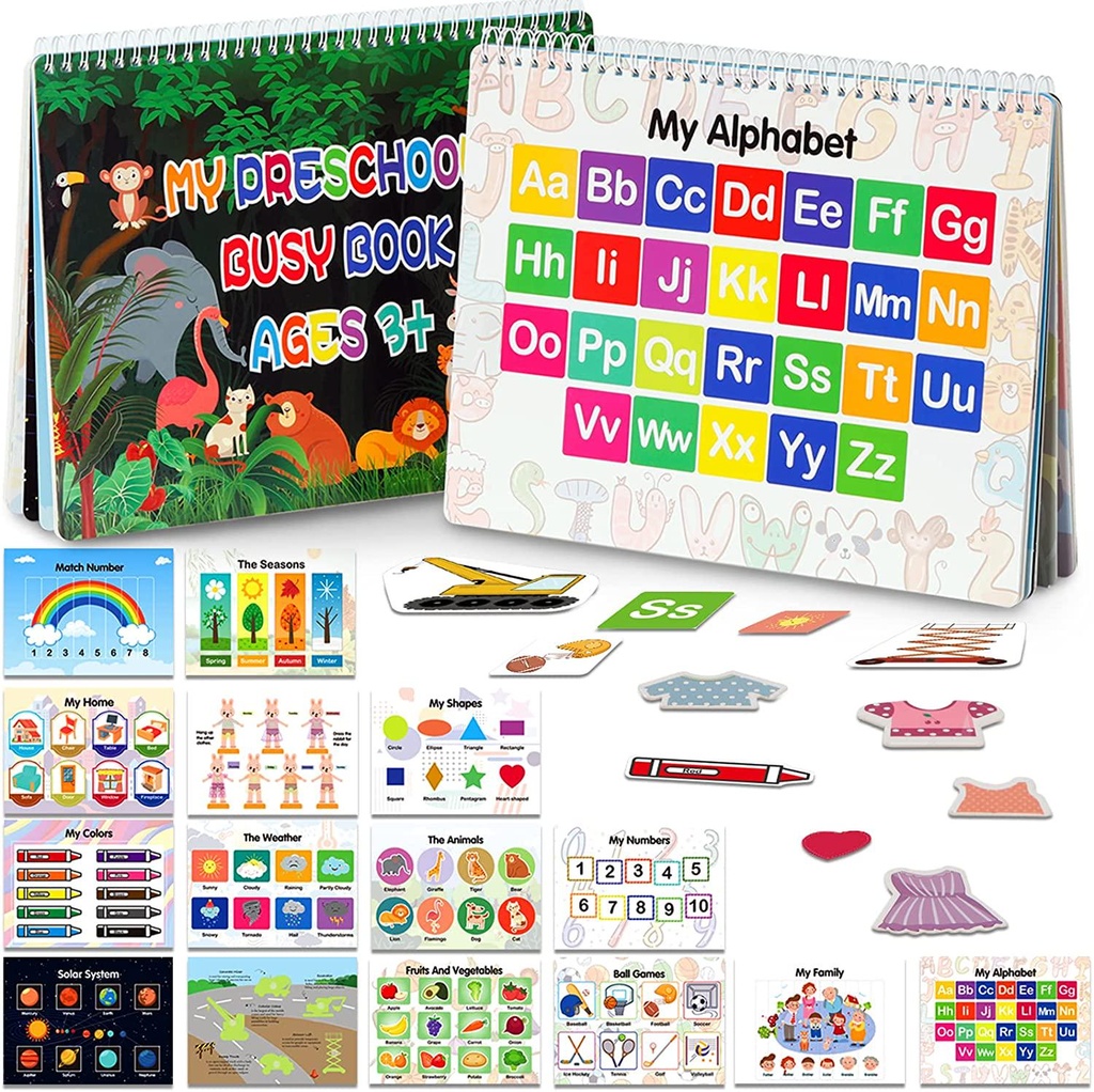 Opaza Busy Book for Preschool Learning, Montessori Toys for Toddlers 3 Years +, Newest Version 15 Themes Preschool Activity Binder, Busy Board Educational Learning Toys for Kids