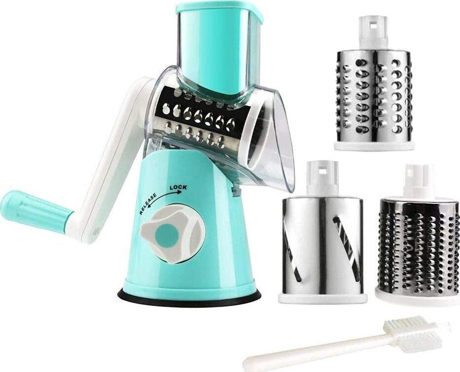Manual Rotary Cheese Grater Round Vegetable Potato Carrot Mandoline Slicer Nuts Grinder with Cleaning Brush for Kitchen(Blue)