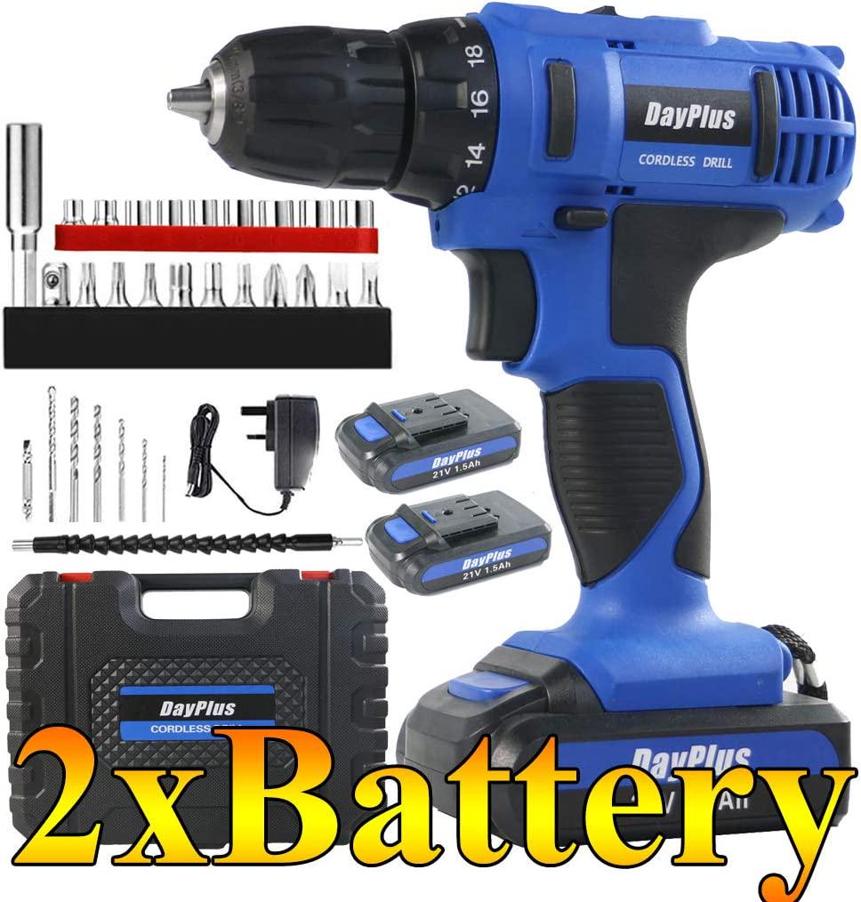 Cordless Drill Impact Driver 45Nm, 21V 2x1.5Ah Li-Ion Batteries Electric Bolt Screwdriver,Drill Driver, Fast Charger, 2900RPM Max Speed, 2 Speed, Forward and Reverse Setting, LED Light