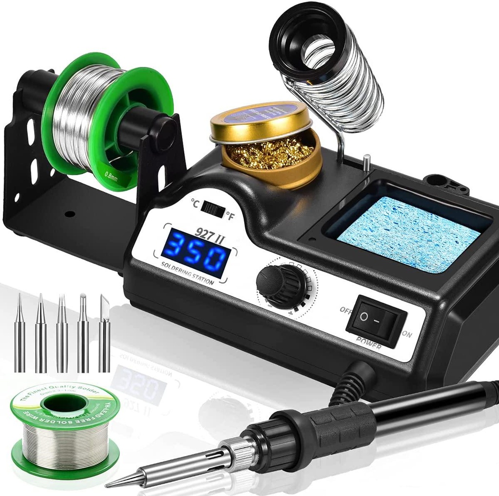 Preciva Soldering Iron Station, 60W Professional Digital Soldering Station, 90-480 Temperature Adjustable Repair Tool Kit with Soldering Tips, Solder Wire and Frame, Sponge, Suction Device, etc.