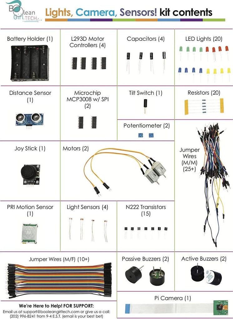 Boolean Box Lights, Camera, Sensors! A Build it Yourself Electronics Accessory kit for use with Any Raspberry Pi Computer