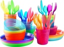 Plastic Dinnerware set for 8 Kids dishes set include kids cups, kids plates, kids bowls, Flatware set Rainbow colours for kids party indoor and camping, Reusable and Microwave safe