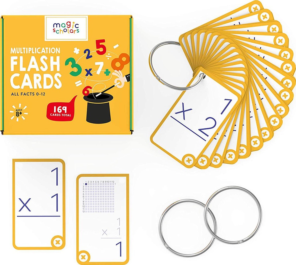 Magic Scholars Educational Multiplication Flash Cards (0-12, All Facts), 169 Cards with Two Rings (0-12 Multiplication)
