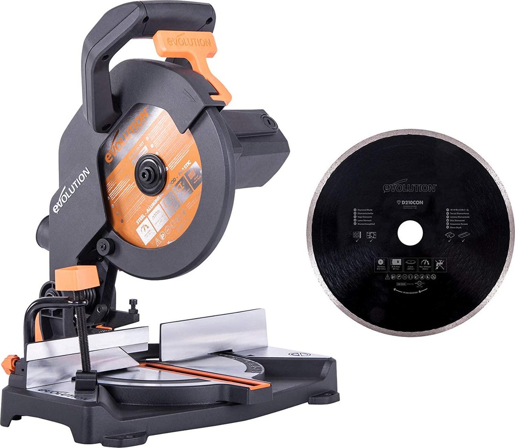 Evolution Power Tools R210CMS Multi-Material Compound Mitre Saw, 210 mm, (230 V) with Additional 210 mm Diamond Blade