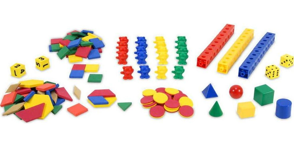 EAI Education School to Home Deluxe Manipulative Kit with Dice, Counters, Geometric Solids, Pattern Blocks, Color Tiles and Linking Cubes - Grade K (184 Pieces)