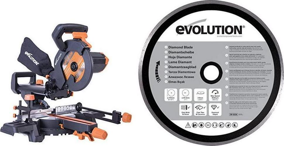 Evolution Power Tools R210SMS+ Multi-Material Sliding Mitre Saw with Plus Pack, 230 V, 210 mm and Diamond Blade, 210 mm