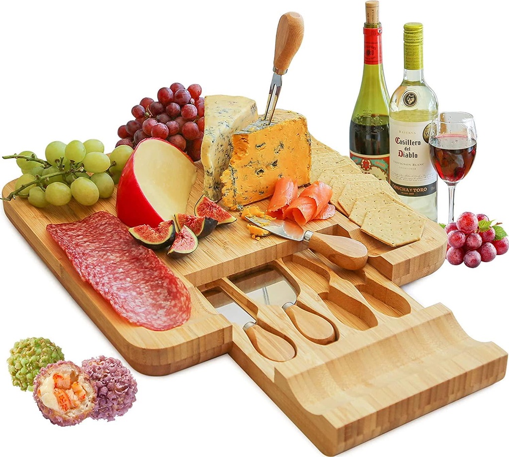 Bamboo Cheese Board Set with Cutlery in Slide-Out Drawer Including 4 Stainless Steel Serving Utensils - Perfect Charcuterie Board and Serving Tray for Entertaining or Gift Giving