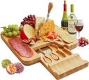 Bamboo Cheese Board Set with Cutlery in Slide-Out Drawer Including 4 Stainless Steel Serving Utensils - Perfect Charcuterie Board and Serving Tray for Entertaining or Gift Giving