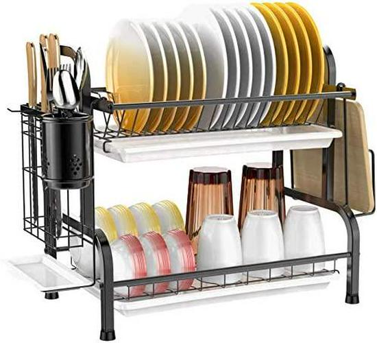 Dish Drying Rack, 2 Tier Dish Rack 304 Stainless Steel Utensil Holder Cutting Board Holder Dish Drainer with Removable Drain Board for Kitchen