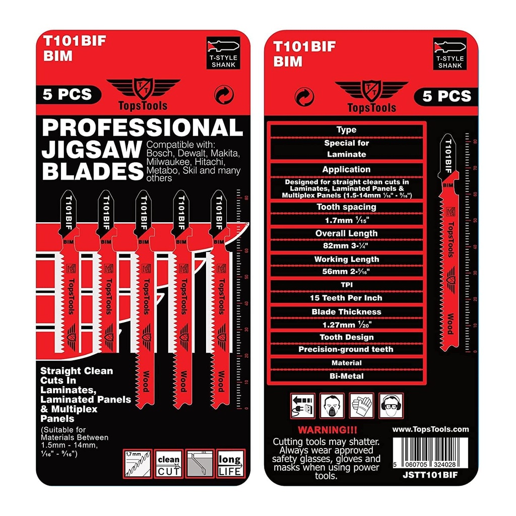 5 x TopsTools T101BIF Laminate Cutting Jigsaw Blades Compatible with Bosch, Dewalt, Makita, Milwaukee and many more