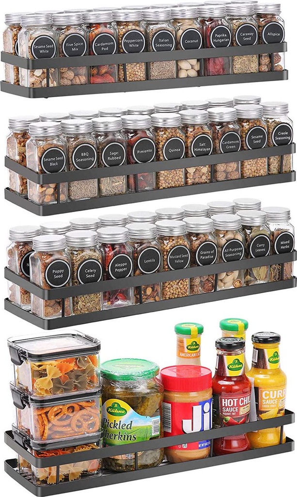 Scnvo Wall Mounted Spice Rack Organizer 4 Pack, Floating Shelves Storage for Pantry Cabinet Door, Sturdy Hanging Seasoning Organizer Jars Storage for Kitchen, Bathroom, , Black