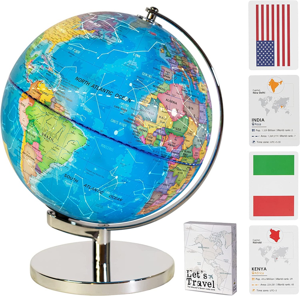 Children Illuminated Spinning World Globe with Stand Plus a Bonus Card Game. 3 in 1 Interactive Educational Desktop Earth Globe for Kids|LED Night Light Lamp, Political Map and Constellation View.