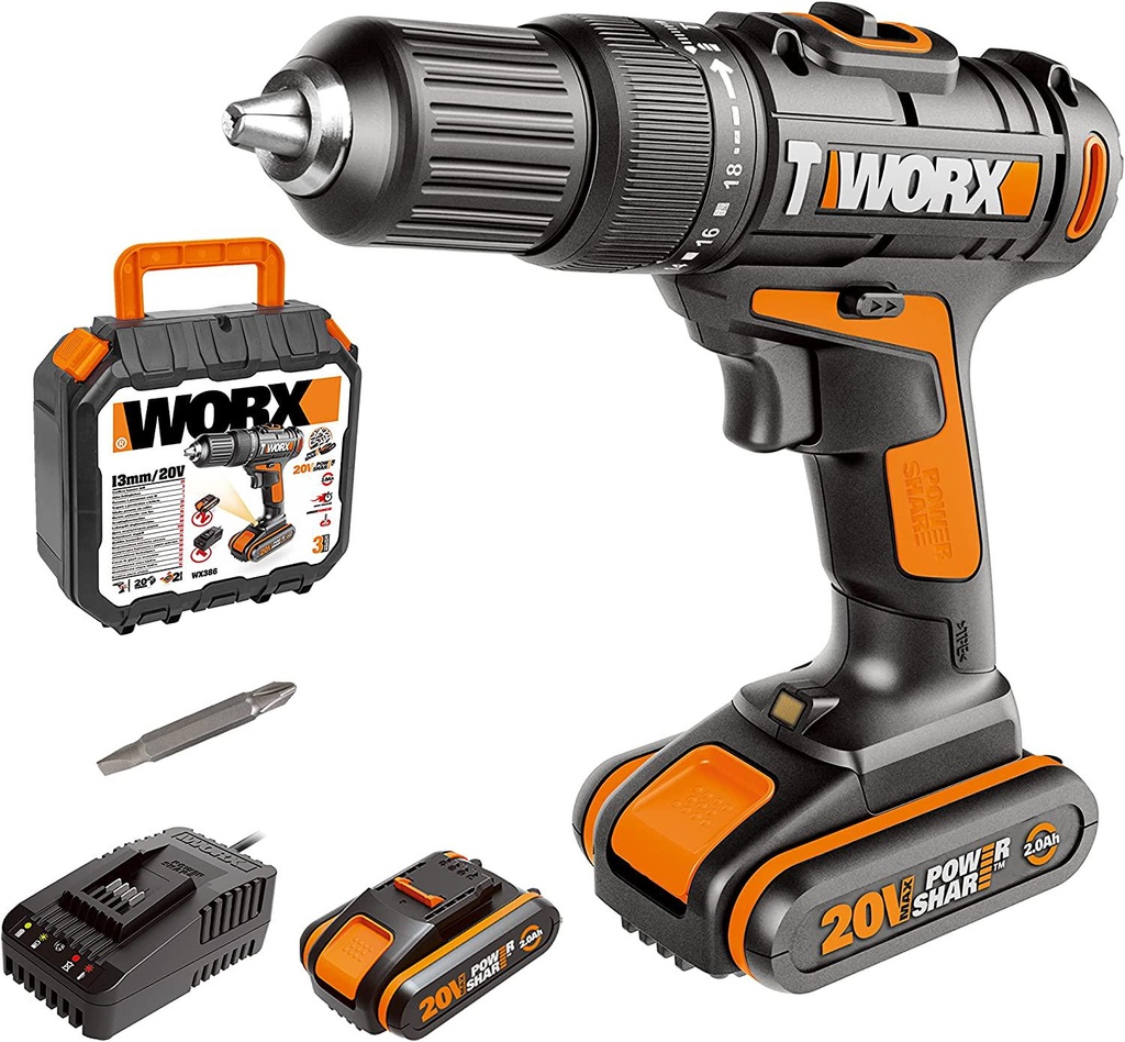 Worx 20V Combi Hammer Drill WX386, PowerShare, 18+1+1 Clutch Position, 13mm Keyless Chuck, Portable, 2 Batteries Included