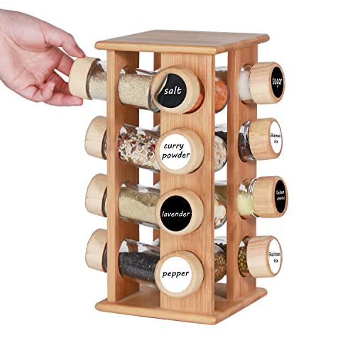 JYXETOV Rotating Spice Rack Organizer with 12/16/20 Jars, Revolving Seasoning Organizer for Cabinet, Bamboo Standing Kitchen Spice Racks Tower for Countertop
