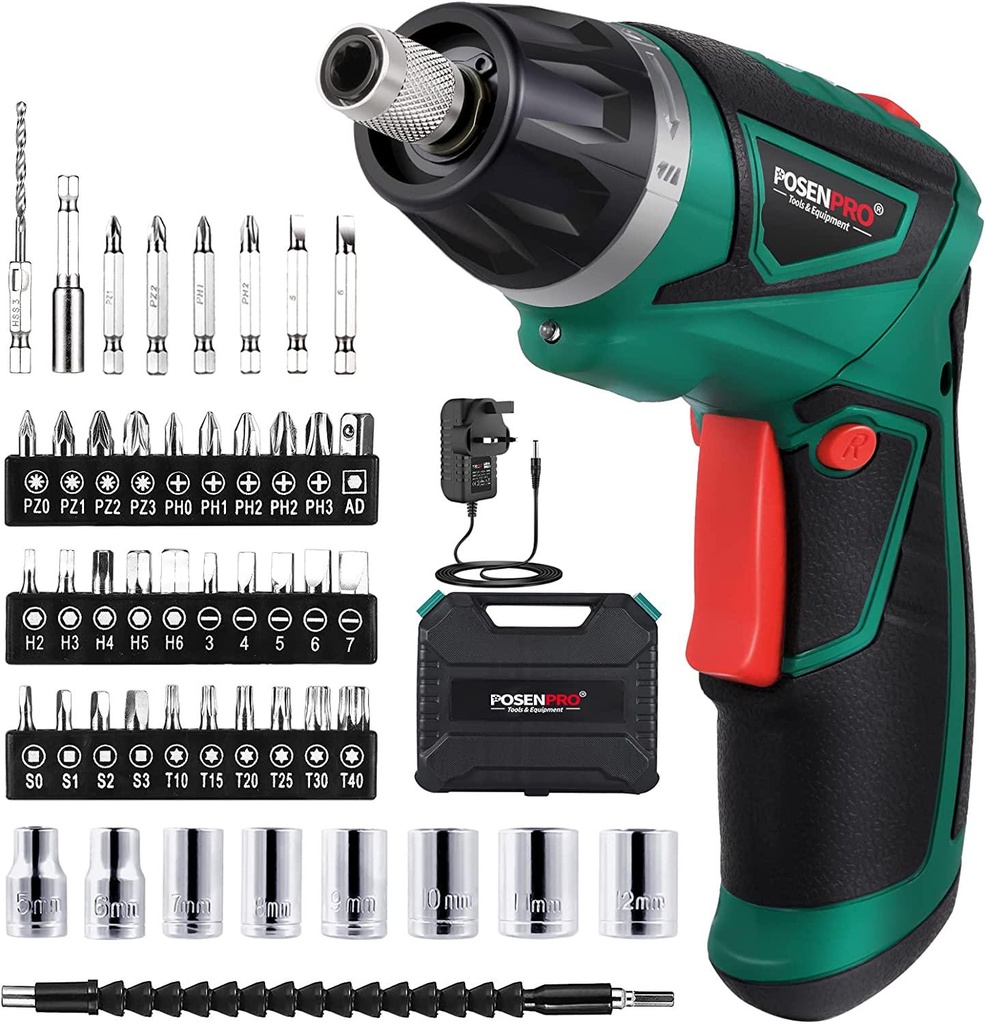 POSENPRO Cordless Screwdriver Rechargeable 7.2 Volt 1500mAh Li-ion Power Screw Guns with Twistable Handle and 48 Piece Drill and Screw Accessories,BMC Packing