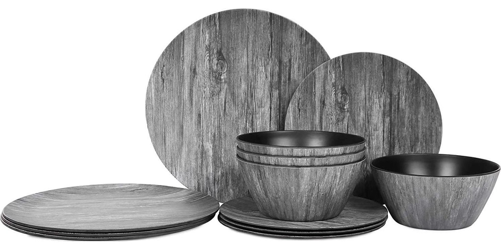 Plates and Bowls Set - 12pcs Melamine Dishes Dinnerware Set, Service for 4, Nonstick for kitchen,Outdoor/Indoor use,Wood Grain Pattern