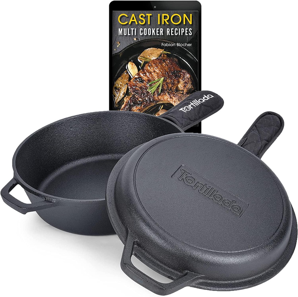 Tortillada 2 in 1 Cast Iron Combo Cooker/Dutch Oven (3.5 Liter) + Cast Iron Pan (26 cm) + Handle Holder + E-Book with 50 Recipes