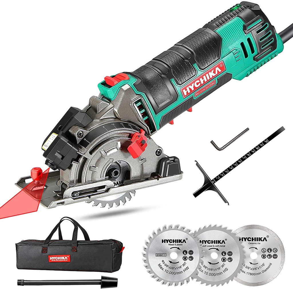Mini Circular Saw, HYCHIKA Circular Saw with 3 Saw Blades, Laser Guide, Scale Ruler, 500W Pure Copper Motor, 4500RPM Ideal for Wood, Soft Metal, Tile and Plastic Cuts