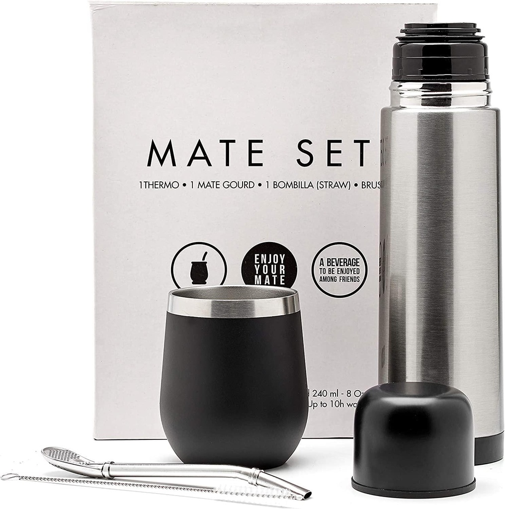 BALIBETOV Complete Yerba Mate Set - Modern Mate Gourd, Thermos, Bombilla and Cleaning Brush Included - All Premium Quality 304 18/8 Stainless Steel (Black)