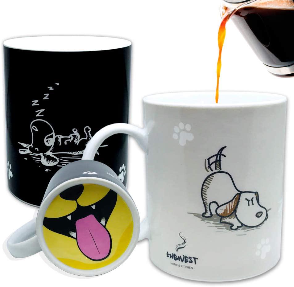 InGwest. Funny Coffee Mug with Friendly Dog and Tongue on Bottom. Heat Sensitive Mug, Color Changing Mug. Coffee Mug