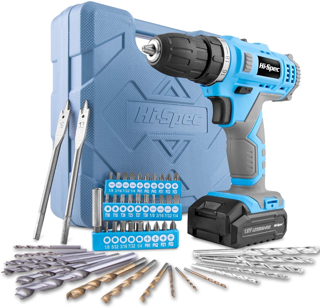 Hi-Spec 50 Piece 12V Blue Drill Driver and Multi Bit Set. High Speed Cordless and Rechargeable Electric Power Screwdriver and Drill for Household DIY. Complete in a Carry Case