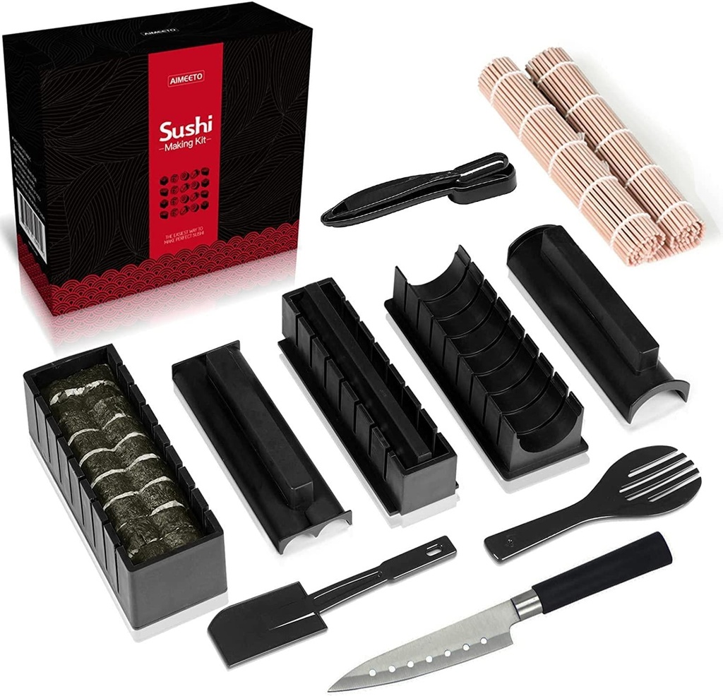 AIMEETO Sushi Making Kit, 14 Pieces Plastic Sushi Maker Mold with Sushi Knife and Bamboo Mat, DIY Quality Sushi Maker for Beginners, Black
