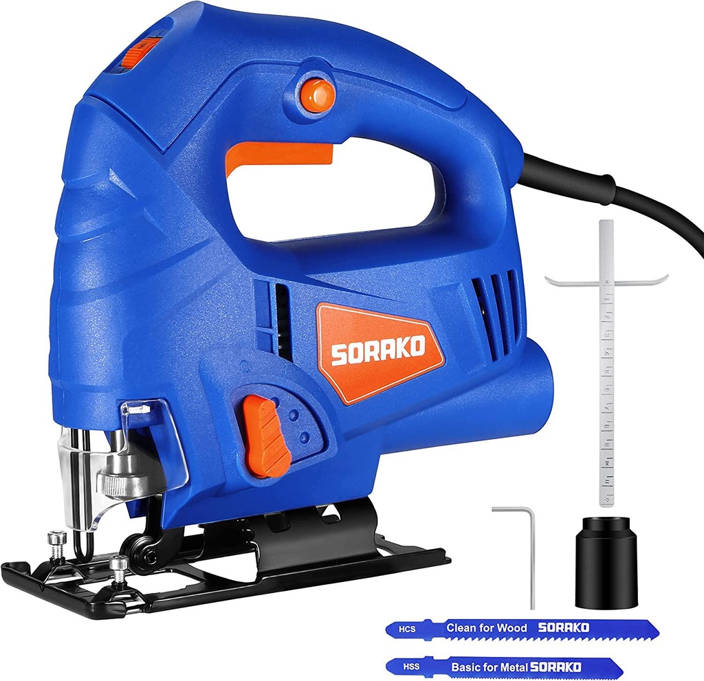 SORAKO Jigsaw, 600W Electric Jigsaw Tool, 800-3000SPM Cutting in Wood 60mm, 6 Variable Speeds, 4 Orbital Sets, Bevel Cutting 45°, Corded Jig Saw for Wood and Metal Cutting