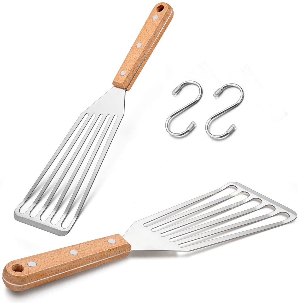 Fish Spatula Turner Set of 2, Leonyo Stainless Steel Slotted Fish Turner, Kitchen Metal Spatula for Flipping Frying Fish Meat Eggs Pancakes, Thin Edge and Wooden Grip, Two Size, 12.4-inch and 11-inch