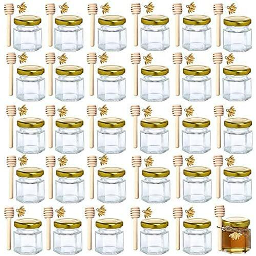 1.5 oz Hexagon Mini Glass Honey Jars -30Pack Honey Jars with Wood Dipper, Gold Lid, Bee Pendants, Jutes - Perfect for Baby Shower, Wedding Favors, Party Favors