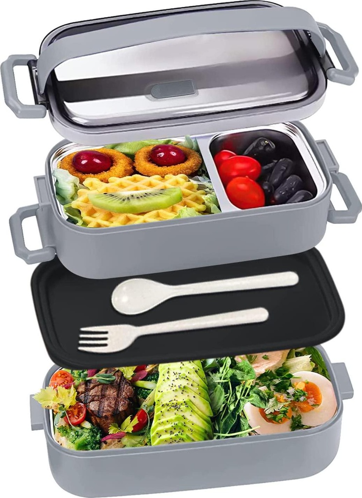 Oureida Stainless Steel Multi Function Bento Box for Adults Kids, Double Layered Leakproof Lunch Box Storage Containers Set Stackable for Kids Camping Work School (Gray)
