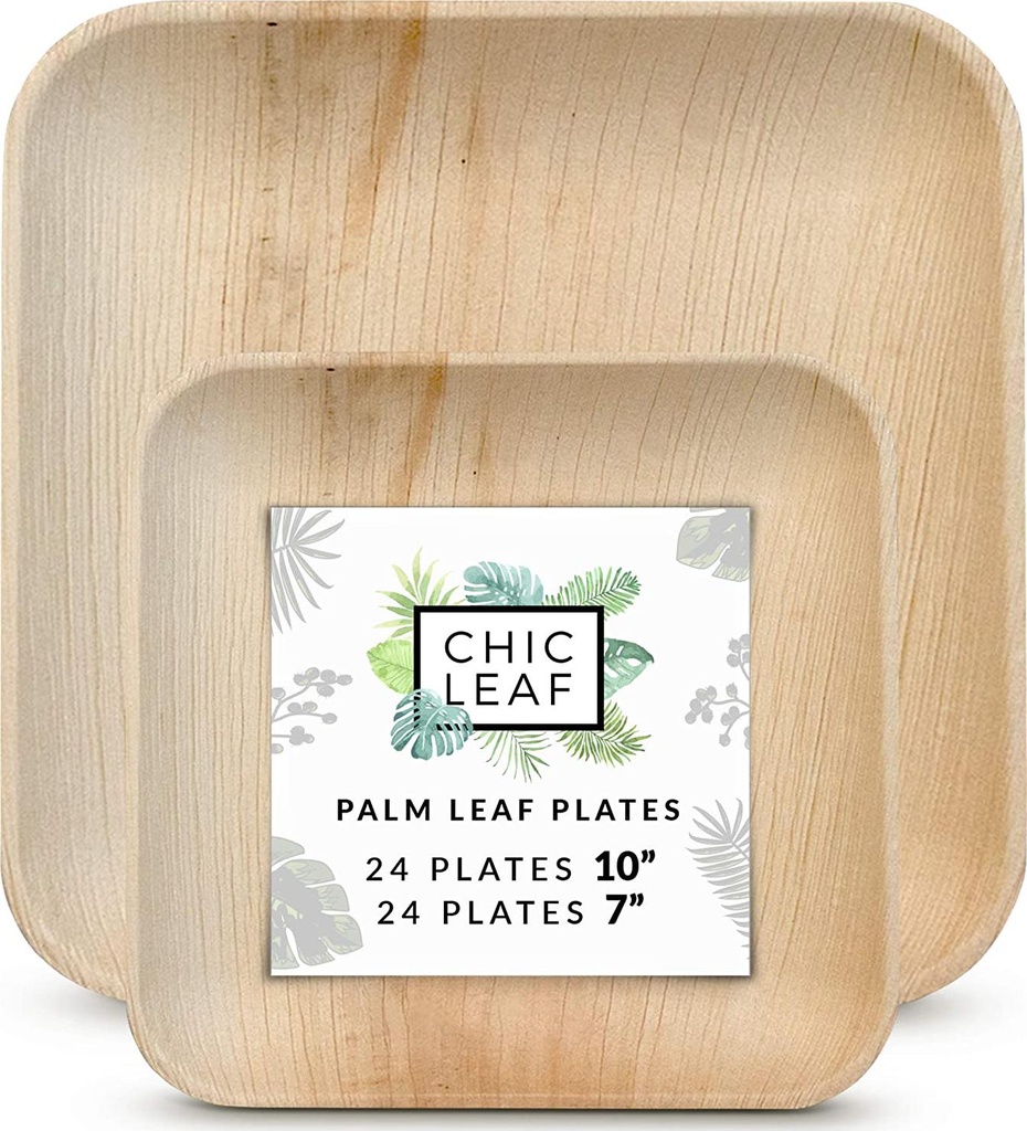 Chic Leaf Palm Leaf Plates Disposable Bamboo Plates Like 10 Inch and 7 Inch Square Party Pack (48 Pc) Compostable and Biodegradable - Better Than Plastic and Paper Plates