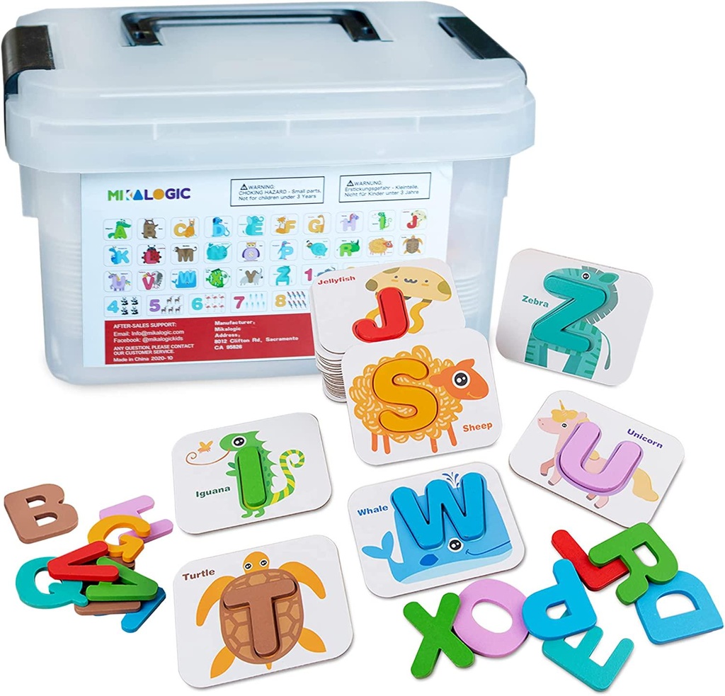 Alphabet and Numbers Flash Cards Set - ABC Wooden Letters Jigsaw Puzzle - Preschool Educational Montessori Toys for Toddlers Kids Boys Girls 3+ Year Olds - 36 Cards and 40 Wooden Blocks Matching Game