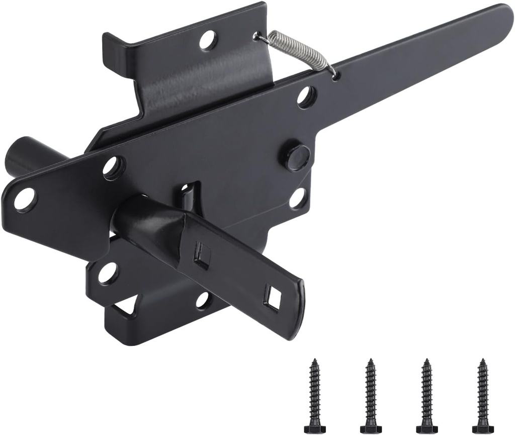 Wellmade Heavy Duty Self-Locking Gate Latch for Wooden Fence, Post Mount Automatic Gravity Lever Door Latches for Garden Outdoor/Pool Gate, Metal Gates Vinyl Fence Gate Lock, Black Finish with Screws