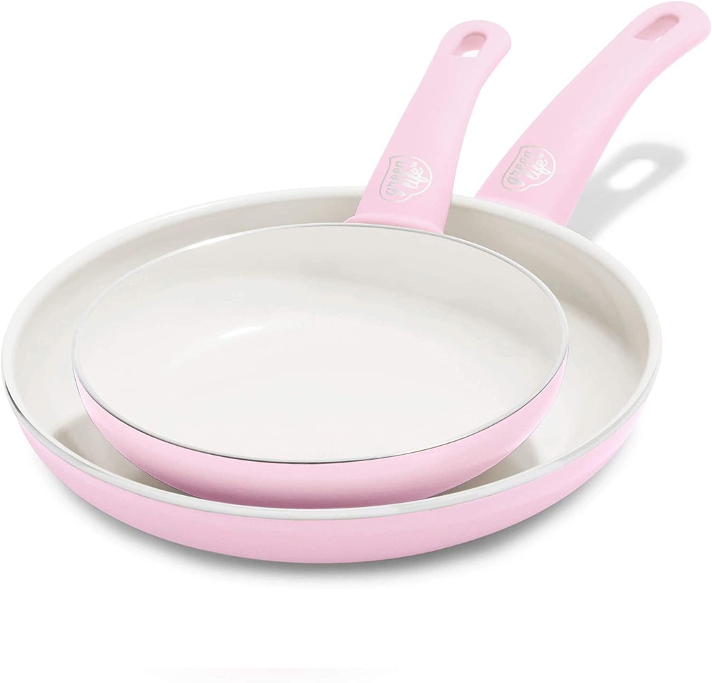 GreenLife Soft Grip Healthy Ceramic Nonstick, 18cm and 26cm Frying Pan Skillet Set, PFAS-Free, Dishwasher Safe, Soft Pink