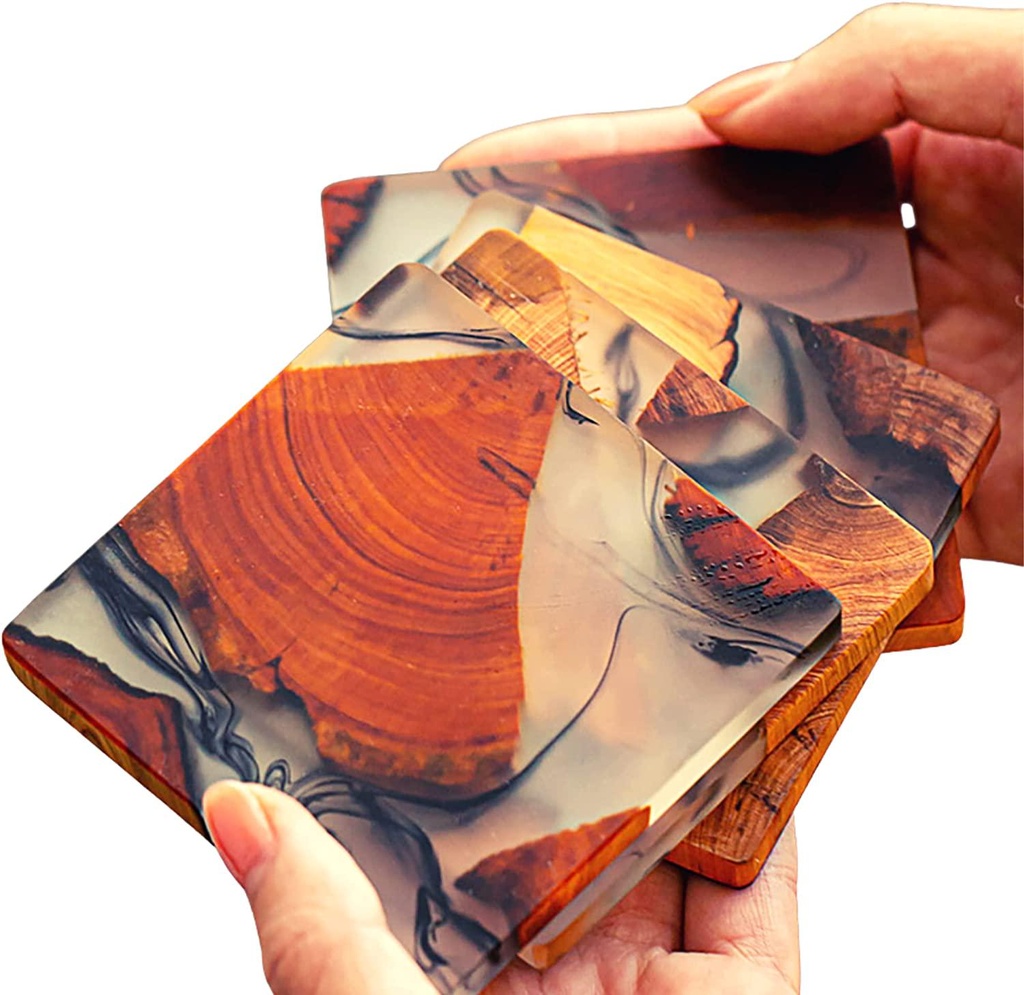 MYSTEQUE - Wooden Coasters for Drinks for Thick Layer of Protection Between Your Tables and Drinks. Unique Coaster Set with Natural Pine Wood Fragrance. Epoxy Resin Coasters, Suitable for All Cups and Mugs Sizes (Set of 6)