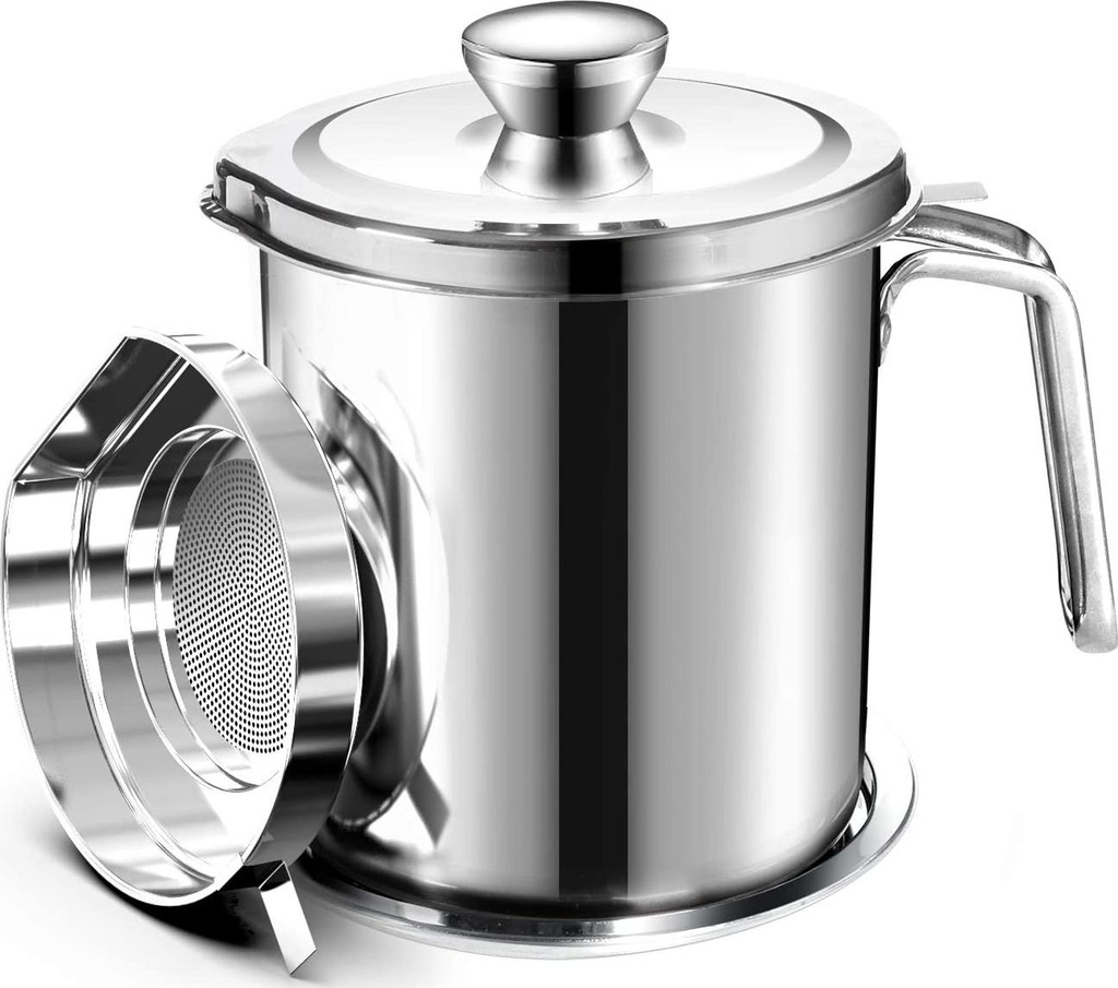 Chihee Oil Strainer Pot Grease Can 2 L Stainless Steel Oil Storage Can Container with Fine Mesh Strainer Dust-Proof lid Non-Slip Plate Suitable for Storing Frying Oil and Cooking Grease