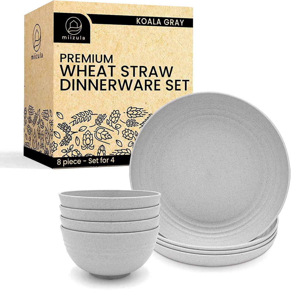 Miizula Premium Wheat Straw Dinnerware Set 8-Piece Light Grey - Unbreakable Reusable Dinner Plates and Bowls - Microwave Dishwasher Freezer Safe - Eco Friendly