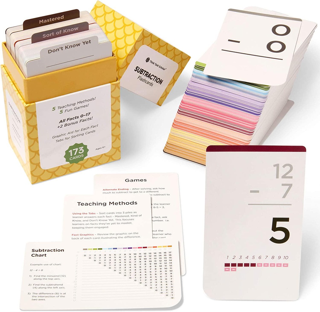 Think Tank Scholar 173 Subtraction Flashcards | All Facts 0-17 Color Coded | Best for Kids in Kindergarten,1st, 2nd, and 3rd Grade