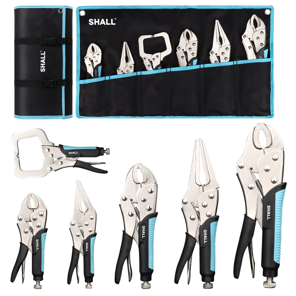 SHALL 6-Piece Locking Pliers, Vice Grips Pliers Set, 5",7" & 10" Curved Jaw Locking Pliers, 6-1/2" & 9-1/2 Long Nose Locking Pliers, 6" Locking C-Clamp, Two-Color TPR Handle, Roll up Pouch Included