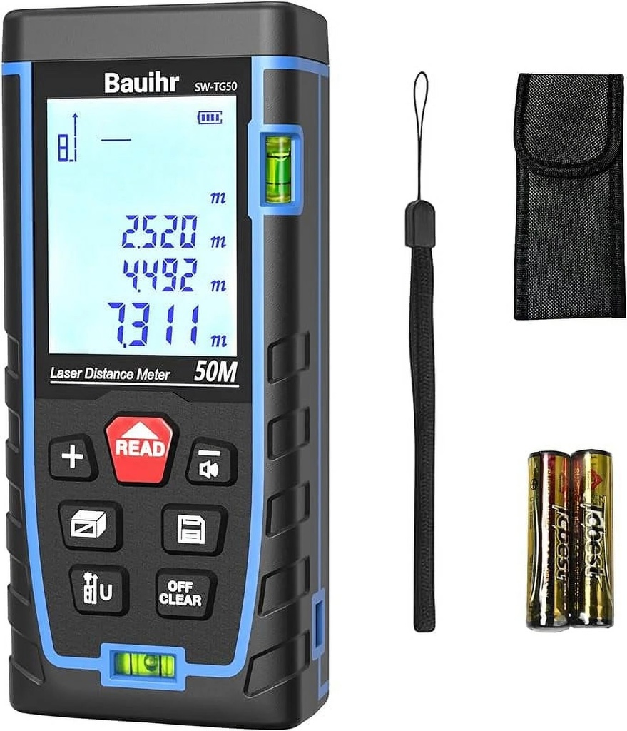 Laser Measure, Bauihr 165Ft Laser Distance Meter, Portable Laser Measurement Tool with 2 Bubble Levels, Large Backlit LCD Display, Allowing Pythagorean Mode, Measuring Distance/Area/Volume, IP54