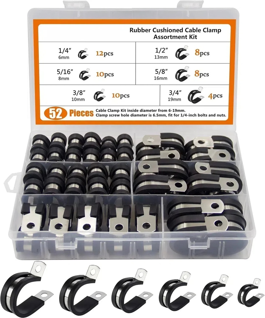 52-Piece Cable Clamp Combo Kit, 304 Stainless Steel Rubber Gated Pipe Clamps, 6 Sizes 1/4" 5/16" 3/8" 1/2" 5/8" 3/4",Black