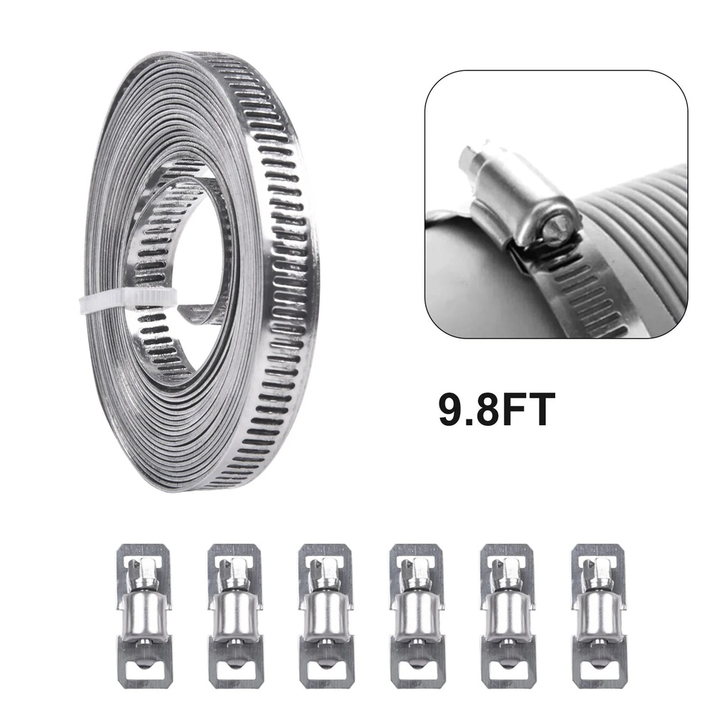 9.8Ft Adjustable Large Hose Clamps Worm Gear Stainless Steel Clamp +6 Fasteners