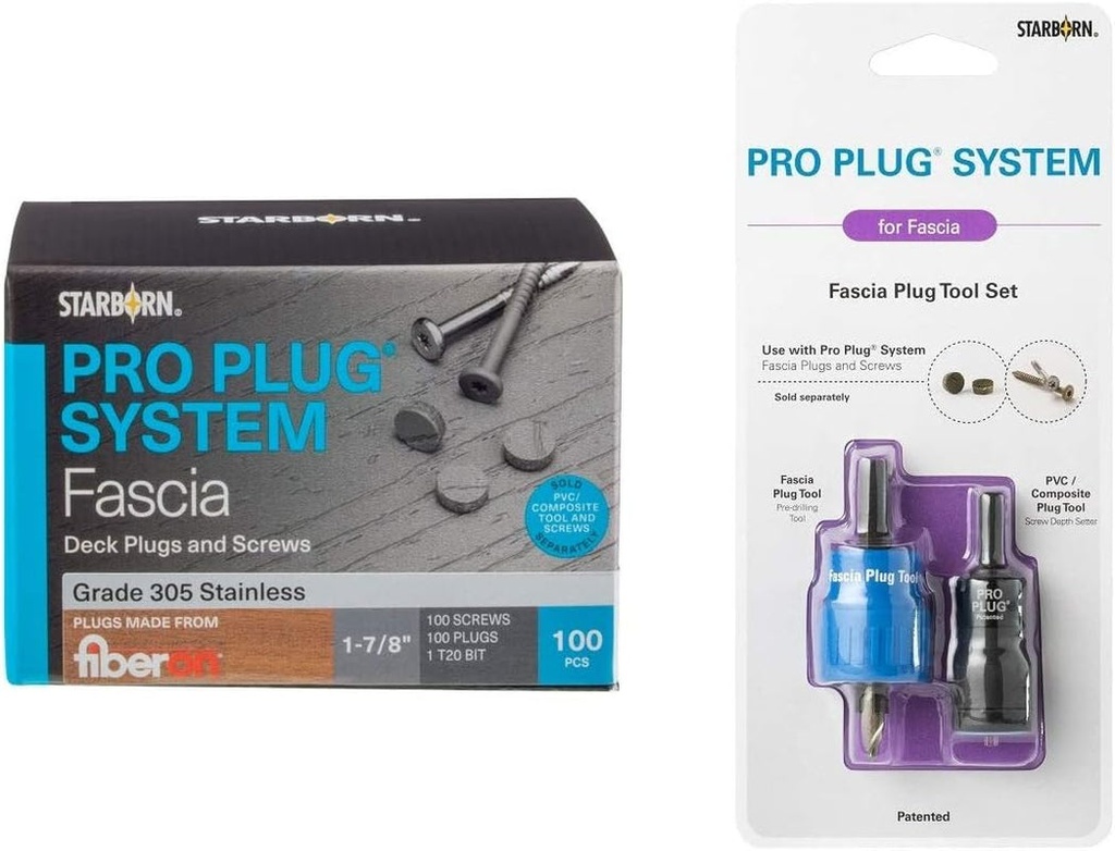Pro Plug System for Fiberon Fascia Plug & Screw Kit - Fiberon Cottage Fascia Plugs & Stainless Steel Screws- 9 X 1-7/8" T-20 Star Dr- 100 Pieces with Fascia Plug Tool Set