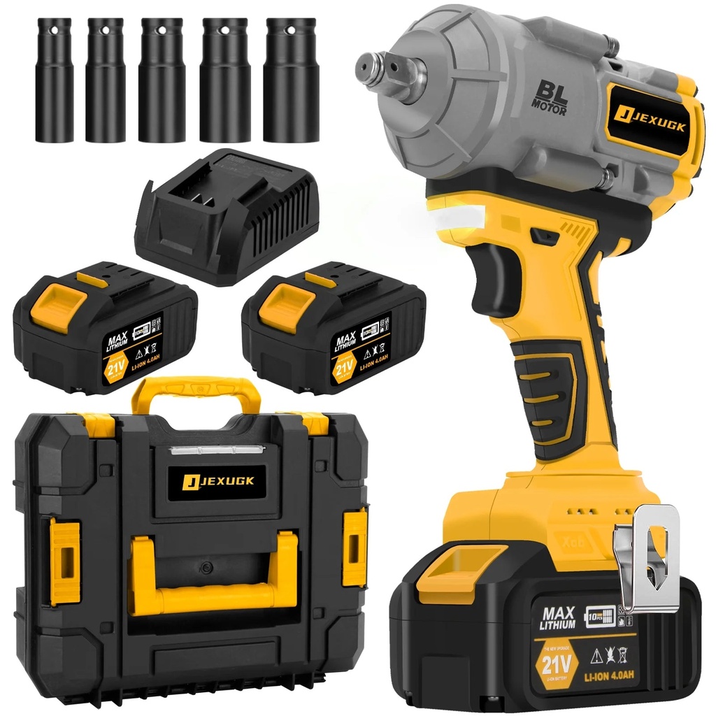 JEXUGK 1000N.M(740Ft-Lbs) 21V Cordless Impact Wrench,1/2 Inch High Torque Impact Gun with 2 X 4.0Ah Batteries & 5 Sockets,Electric Impact Variable Speeds for Car Truck Mower